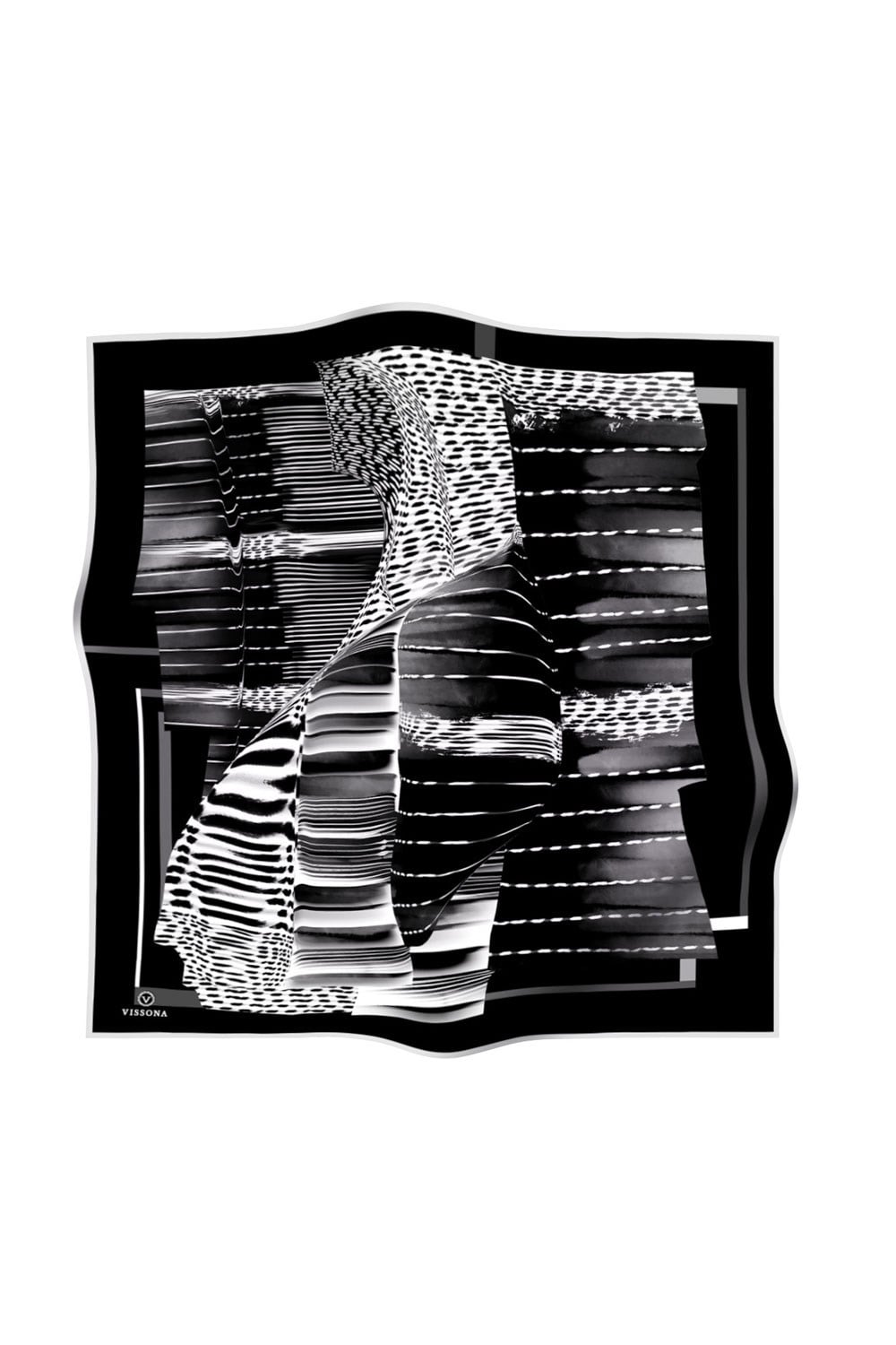 %100 Twill İpek Geometrik Desenli Siyah - Beyaz Renkli 90x90 Eşarp Dikim Şekli : El Dikişi