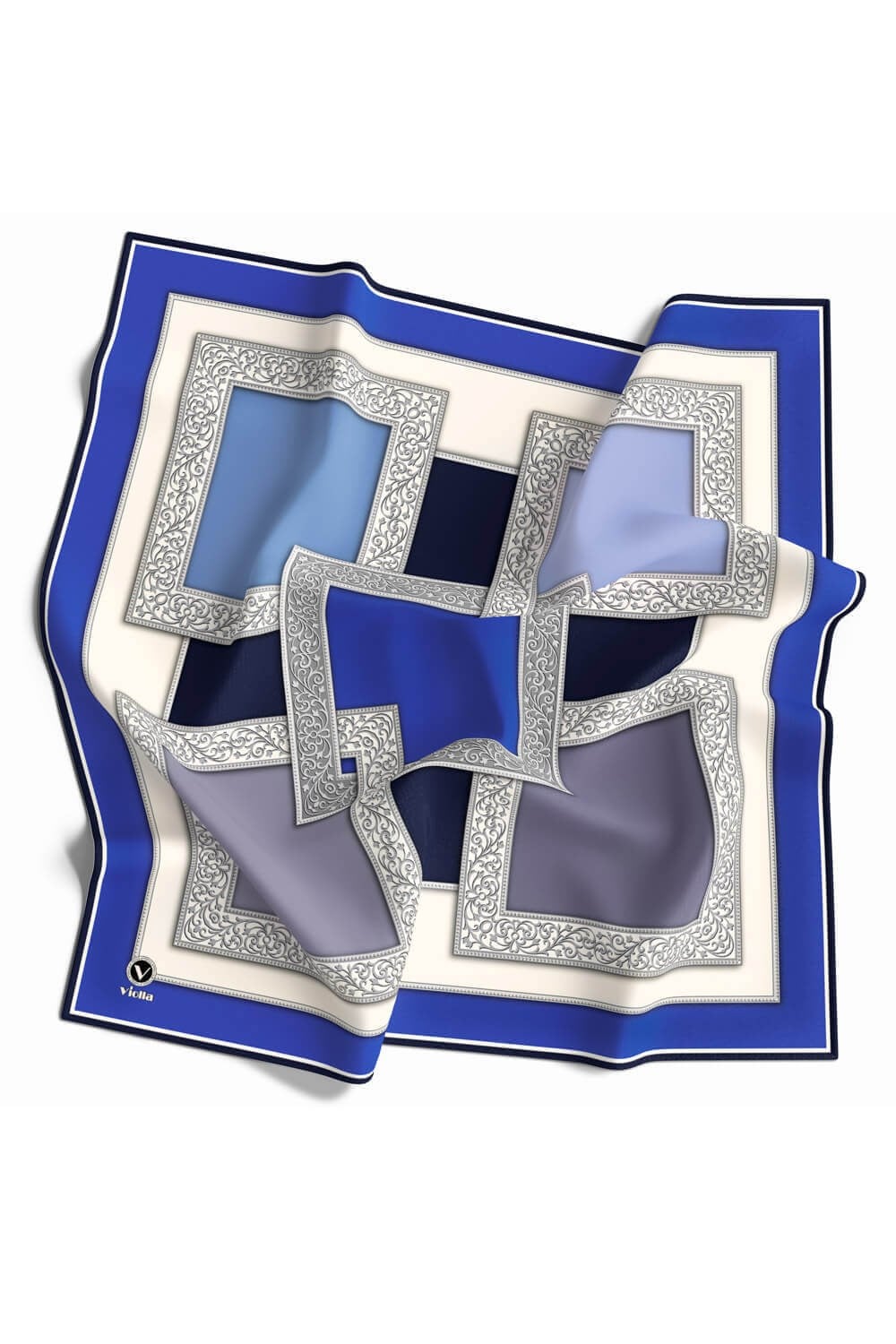 Kristal Geometrik Desenli Saks Renkli 90x90 Eşarp (İpek İçermez) Kenar Dikiş Şekli El Dikişli