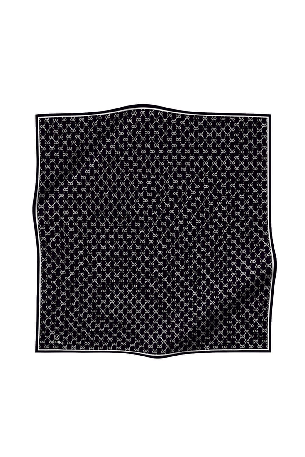 %100 Twill İpek Geometrik Desenli Siyah - Beyaz Renkli 90x90 Eşarp Dikim Şekli : El Dikişi
