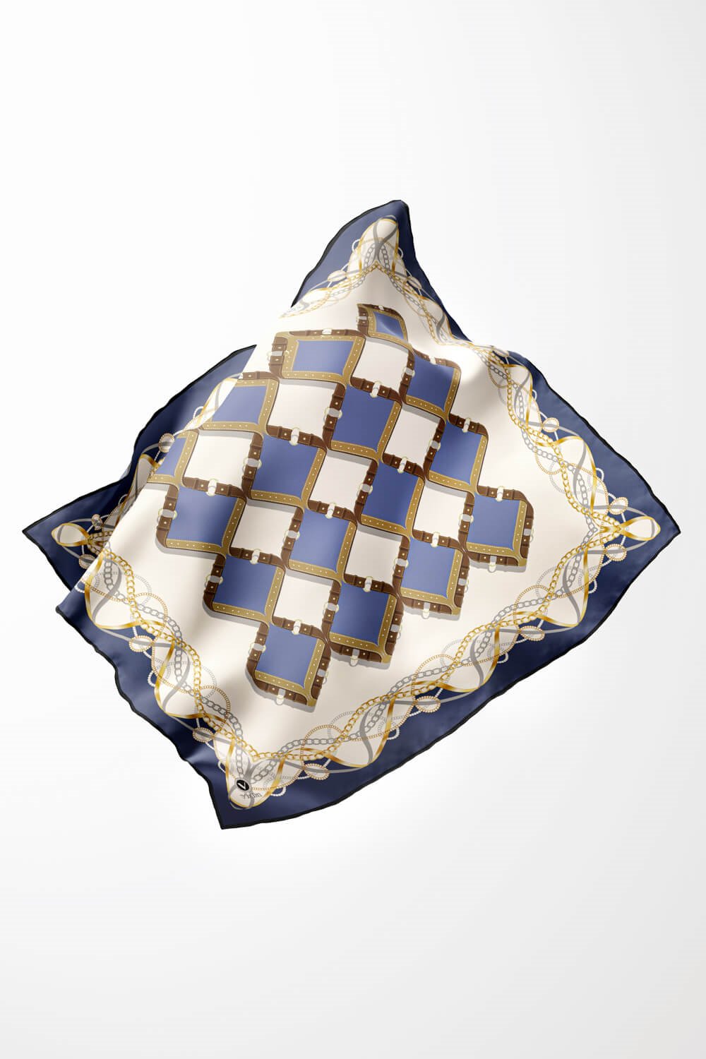 Twill Kemer Ve Zincir Desenli İndigo Renkli 90x90 Eşarp (İpek İçermez) Kenar Dikiş Şekli El Dikişli