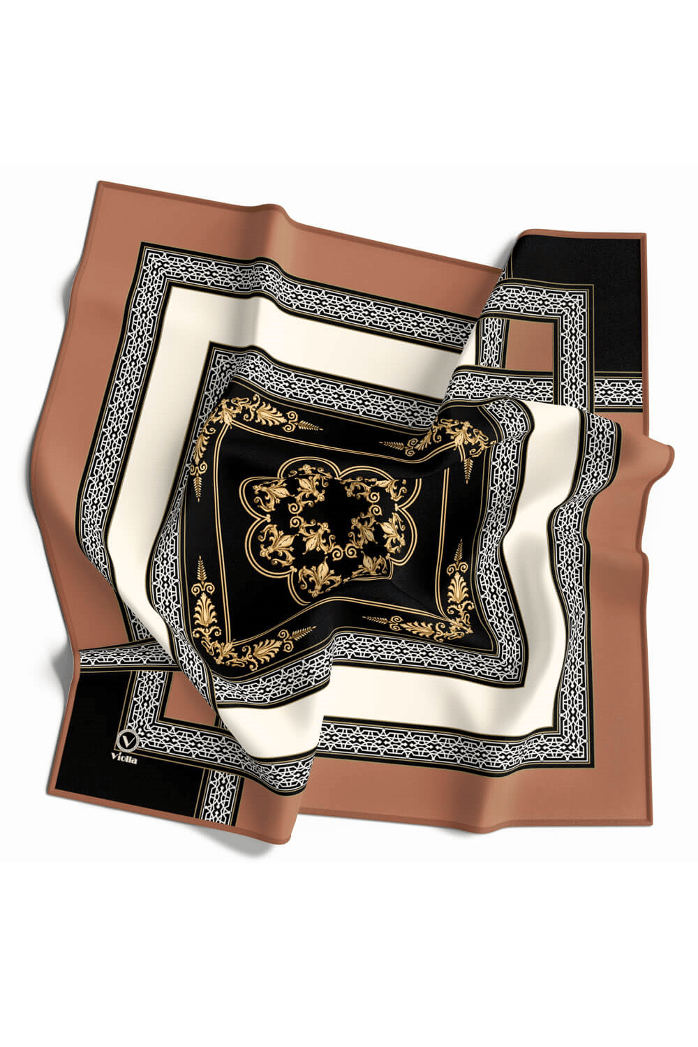 Twill Baroklu Bordür Desenli Somon Renkli 90x90 Eşarp (İpek İçermez) Kenar Dikiş Şekli El Dikişli