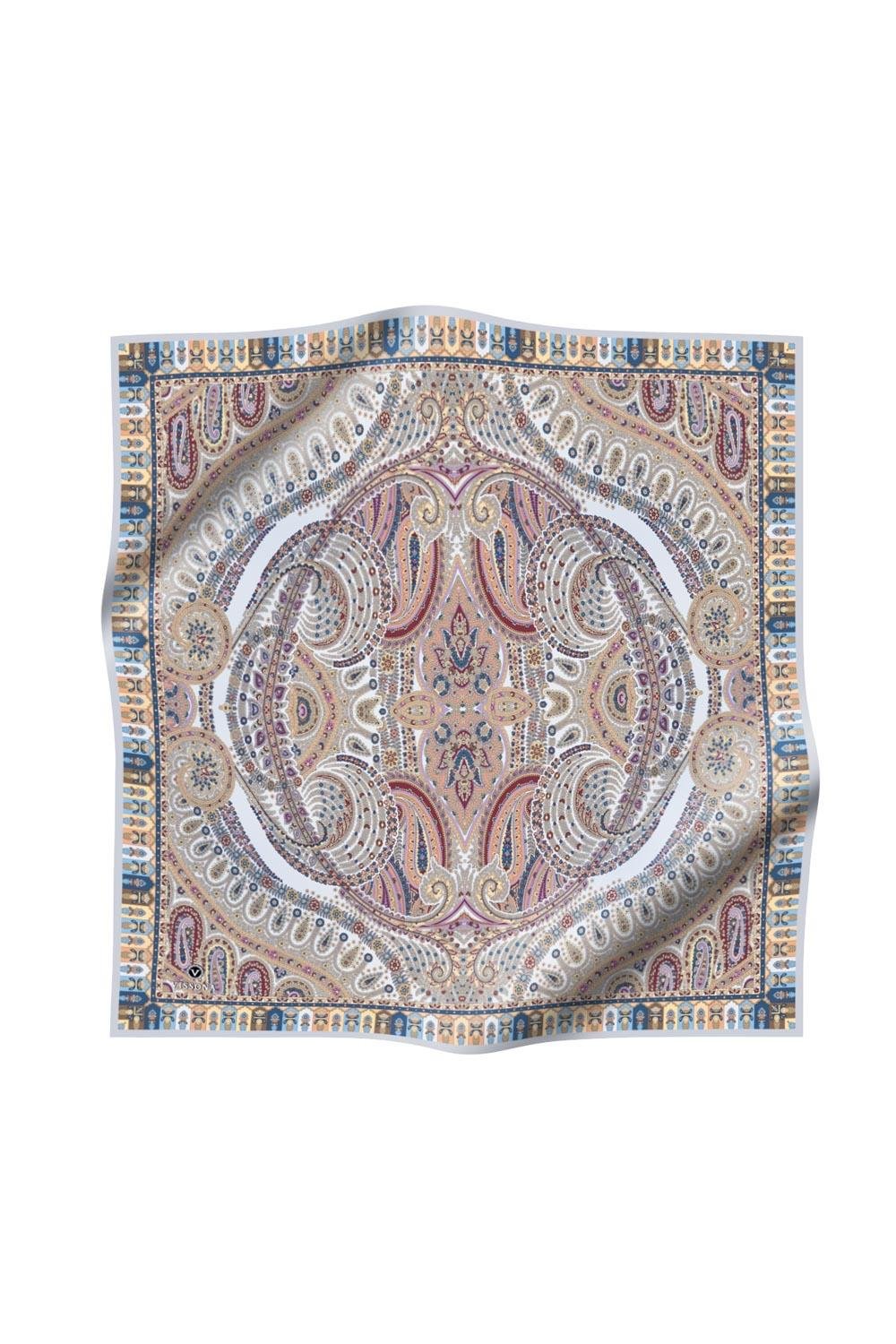 %100 Twill İpek Etro Desenli Gri - Somon Renkli 90x90 Eşarp Dikim Şekli : El Dikişi