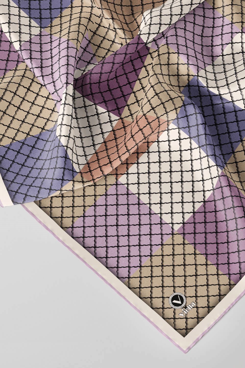 Twill Kare Desenli Lila Renkli 90x90 Eşarp (İpek İçermez) Kenar Dikiş Şekli El Dikişli