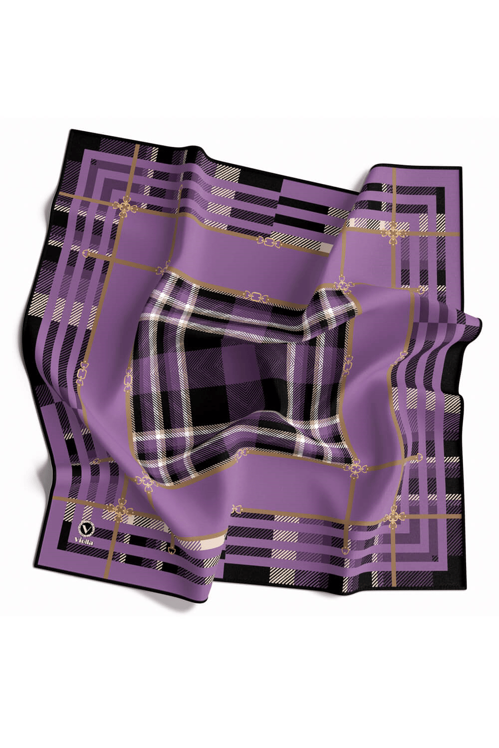 Twill Kemerli ve Ekose Desenli Lila Renkli 90x90 Eşarp (İpek İçermez)Kenar Dikiş Şekli El Dikişli