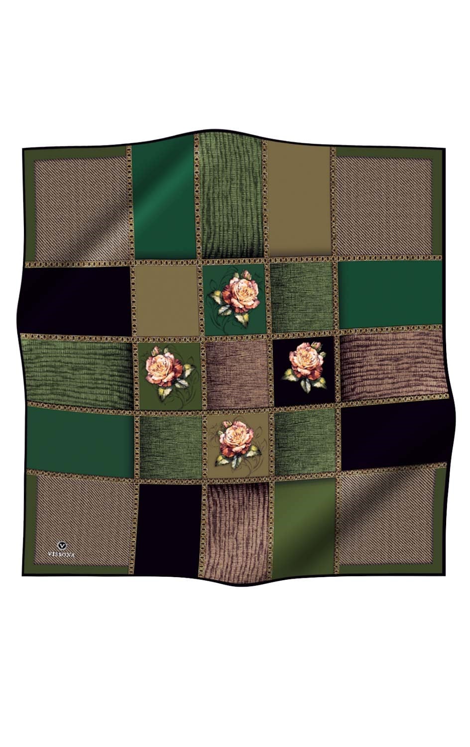 %100 Twill İpek Dokulu Çiçekli Ve Geometrik Desenli Zümrüt Yeşili - Haki Renkli 90x90 Eşarp Dikim Şekli : El Dikişi