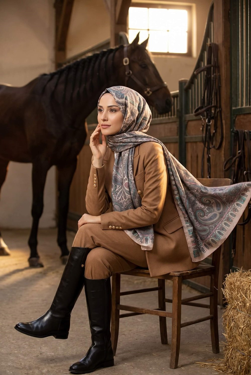 100% İPEK ETRO DESENLİ PUDRA RENKLİ ŞAL