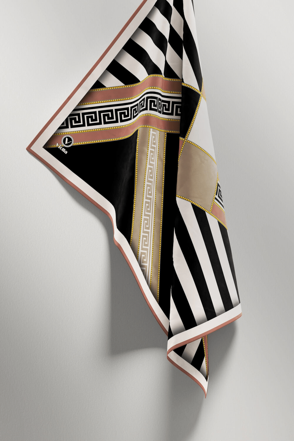 Twill Çizgili Geometrik Desenli Somon Renkli 90x90 Eşarp (İpek İçermez) Kenar Dikiş Şekli El Dikişli