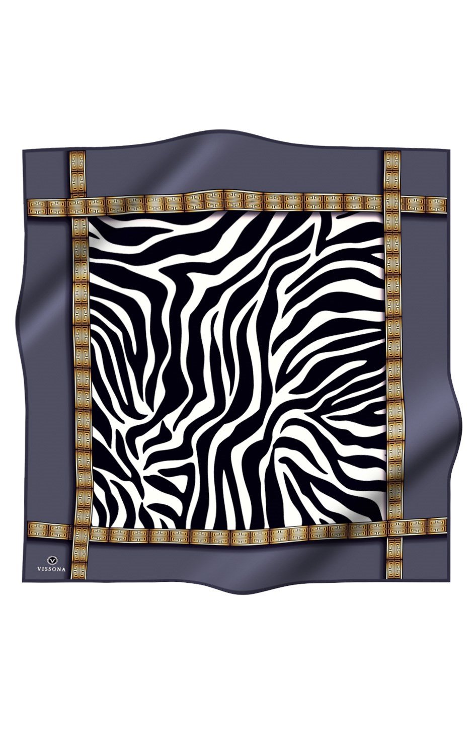 % 57 İPEK % 43 VİSKON Twill İpek Zebra Desenli Gri - Gold Renkli 90x90 Eşarp Dikim Şekli : El Dikişi