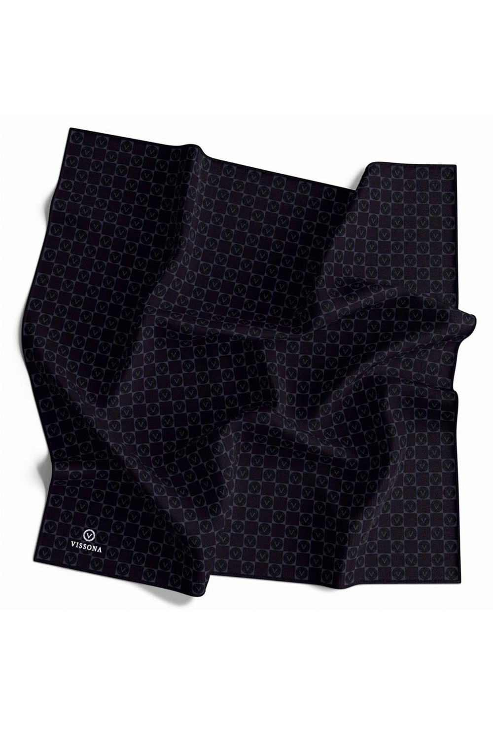 %100 Twill İpek Monogram Desenli Siyah Renkli 90x90 Eşarp Dikim Şekli : El Dikişi