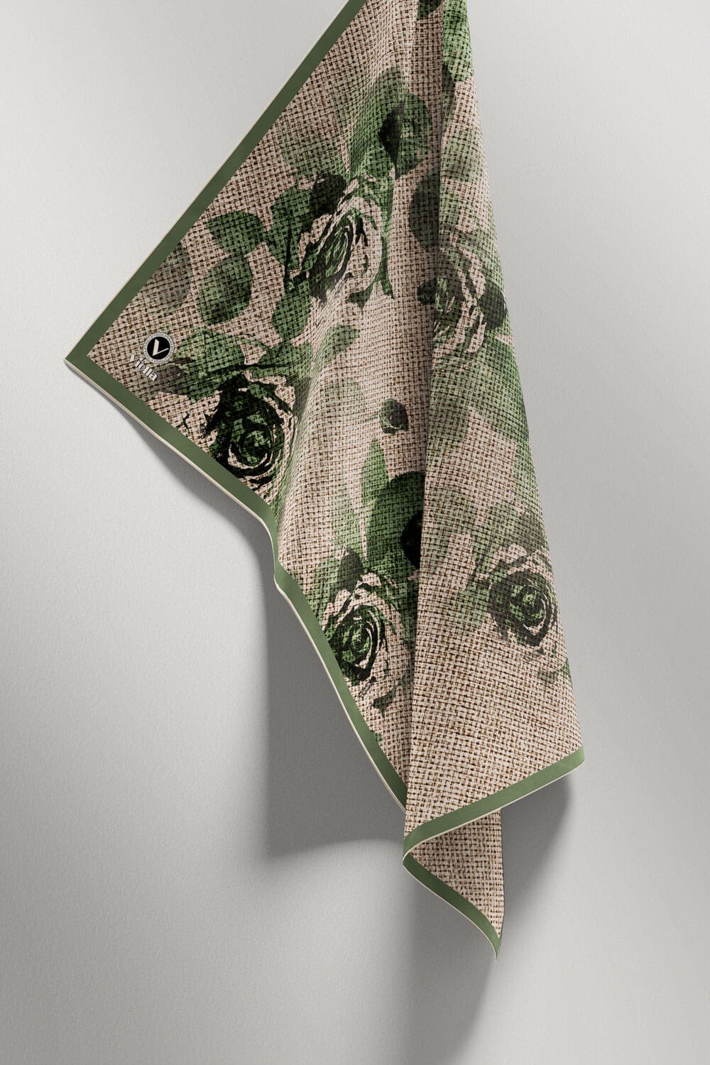 Twill Gül Desenli Zümrüt Yeşili Renkli 90x90 Eşarp (İpek İçermez) Kenar Dikiş Şekli El Dikişli