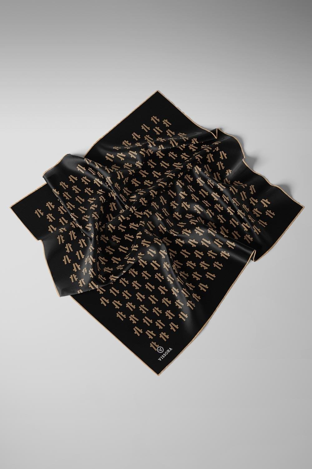 %100 Twill İpek Geometrik Desenli Siyah - Gold Renkli 90x90 Eşarp Dikim Şekli : El Dikişi