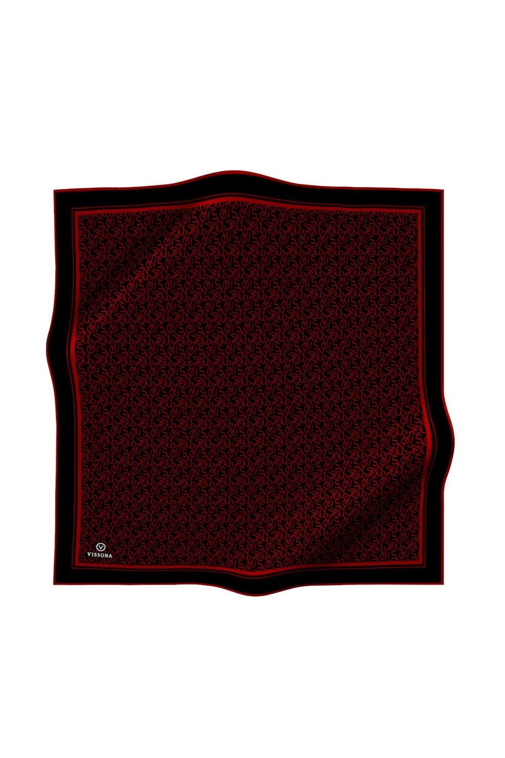 %100 Twill İpek Harf Desenli Siyah - Kırmızı Renkli 90x90 Eşarp Dikim Şekli : El Dikişi