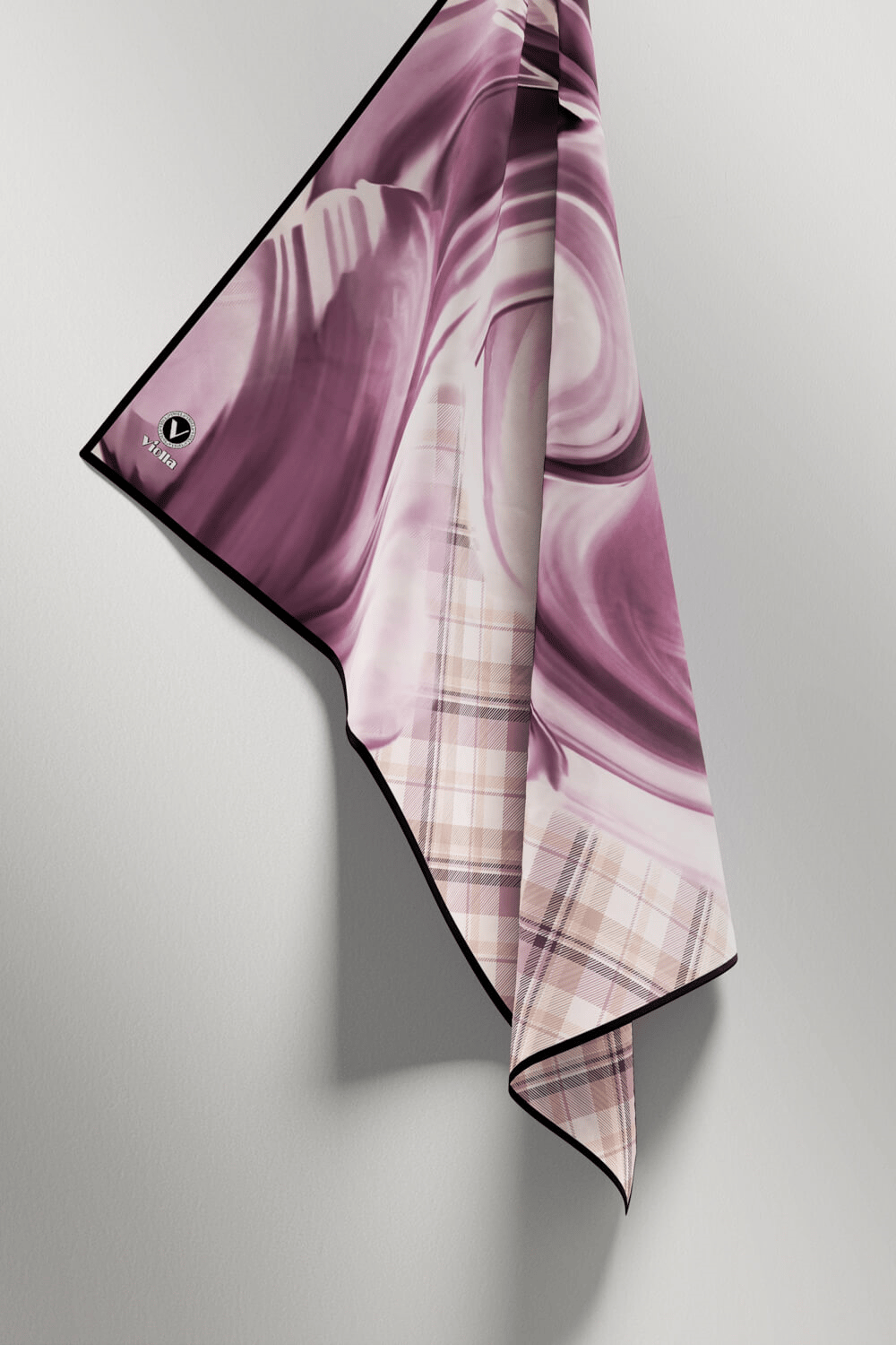 Twill Dalga ve Ekose Desenli Lila Renkli 90x90 Eşarp (İpek İçermez)Kenar Dikiş Şekli El Dikişli