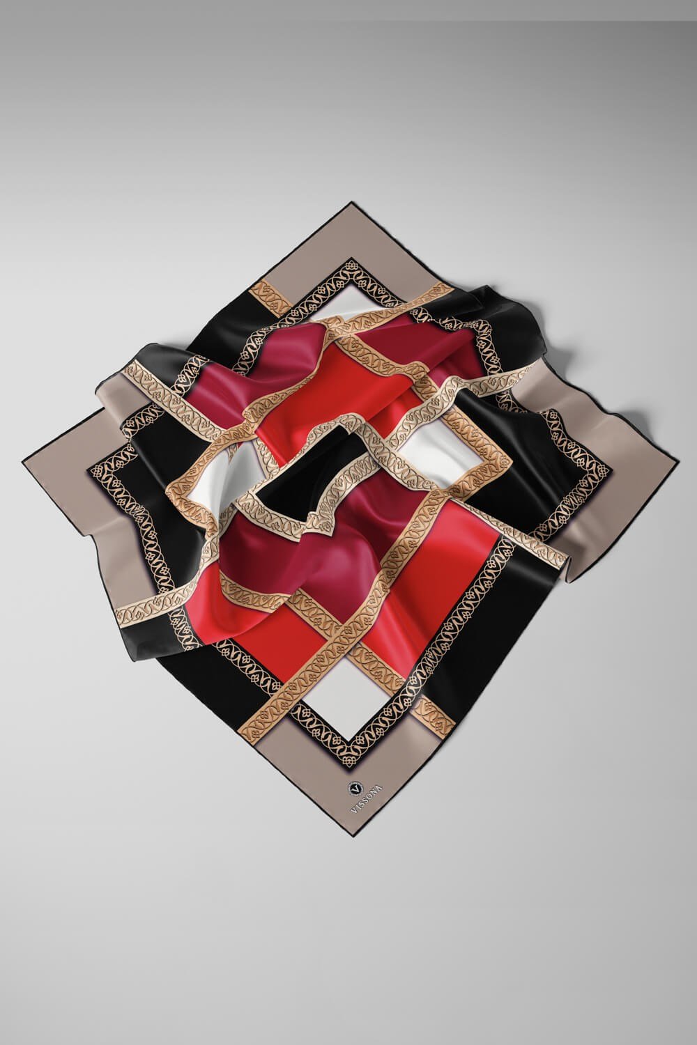 %100 Twill İpek Geometrik Desenli Kırmızı - Bej Renkli 90x90 Eşarp Dikim Şekli : El Dikişi