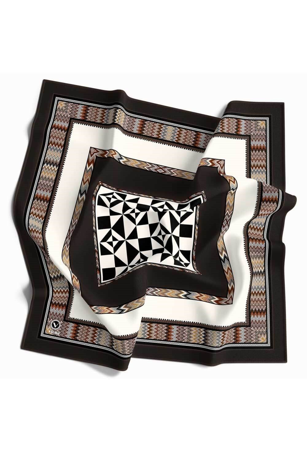 Kristal Geometrik Desenli Kahverengi - Bej Renkli 90x90 Dikim Şekli : El Dikişi Eşarp (İpek İçermez)