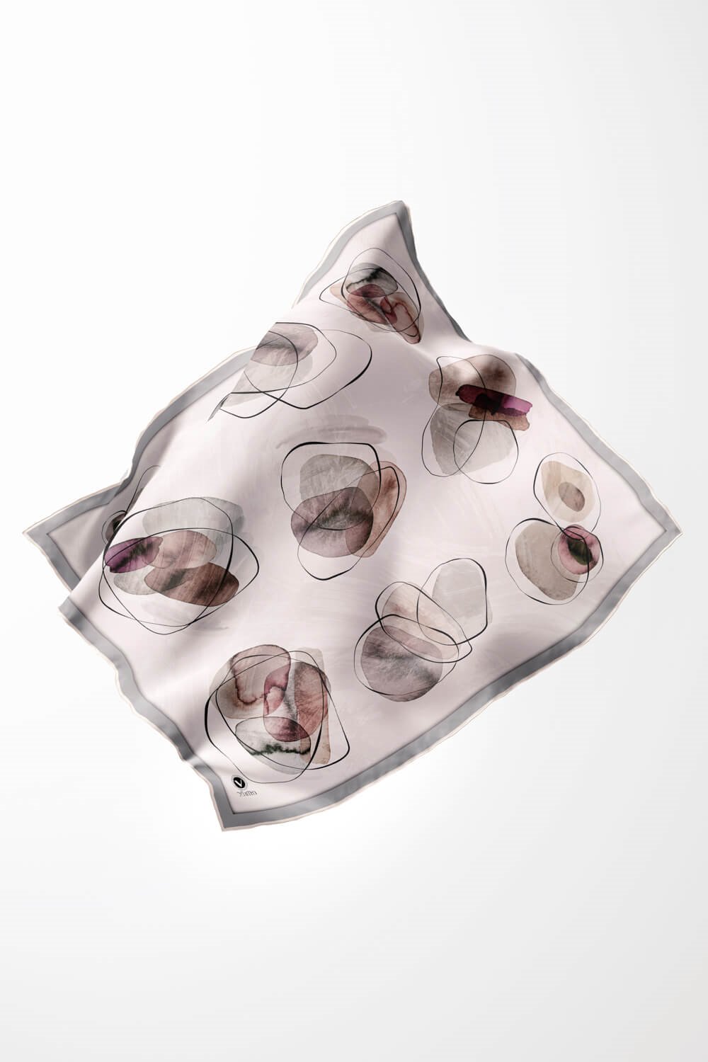 Twill Sulu Boya Geometrik Desenli Gri Renkli 90x90 Eşarp (İpek İçermez) Kenar Dikiş Şekli El Dikişli