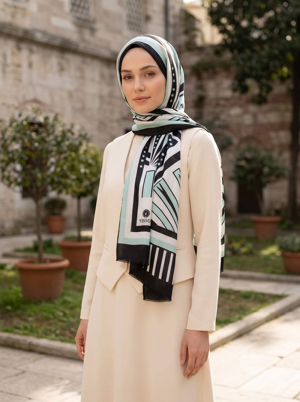 %100 İpek Yelpaze Desenli Su Yeşili - Siyah Renkli 92x210 Şal