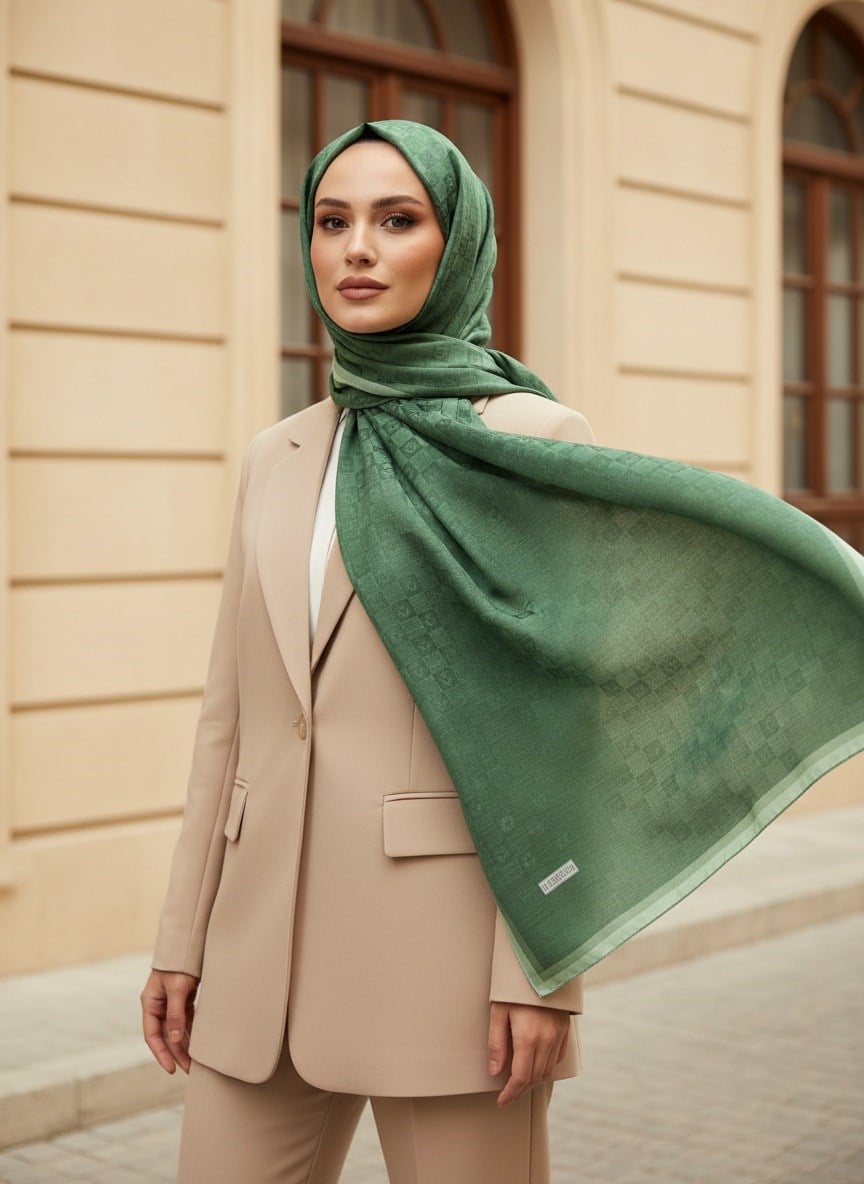 %57 İpek %43 Pamuk Monogram Dokumalı Zümrüğt Yeşili Renkli 70X190 Yumuşak Dökümlü Şal