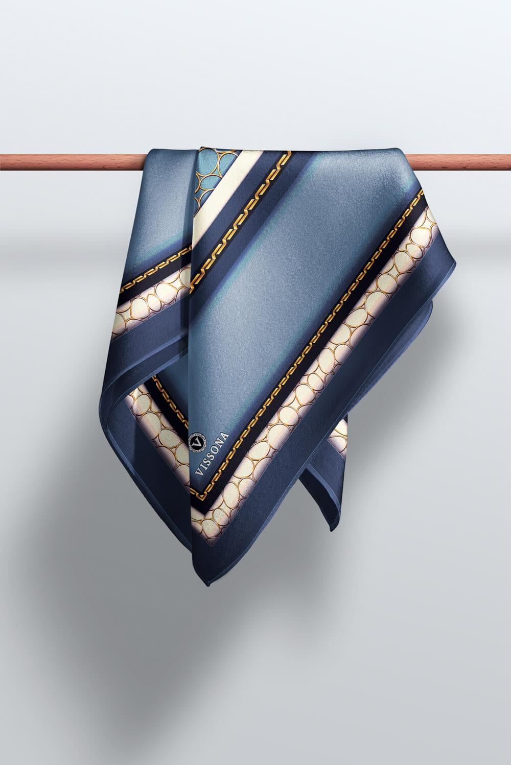 %100 Twill İpek Gold Halka Desenli İndigo - Lacivert Renkli 90x90 Eşarp Dikim Şekli : El Dikişi