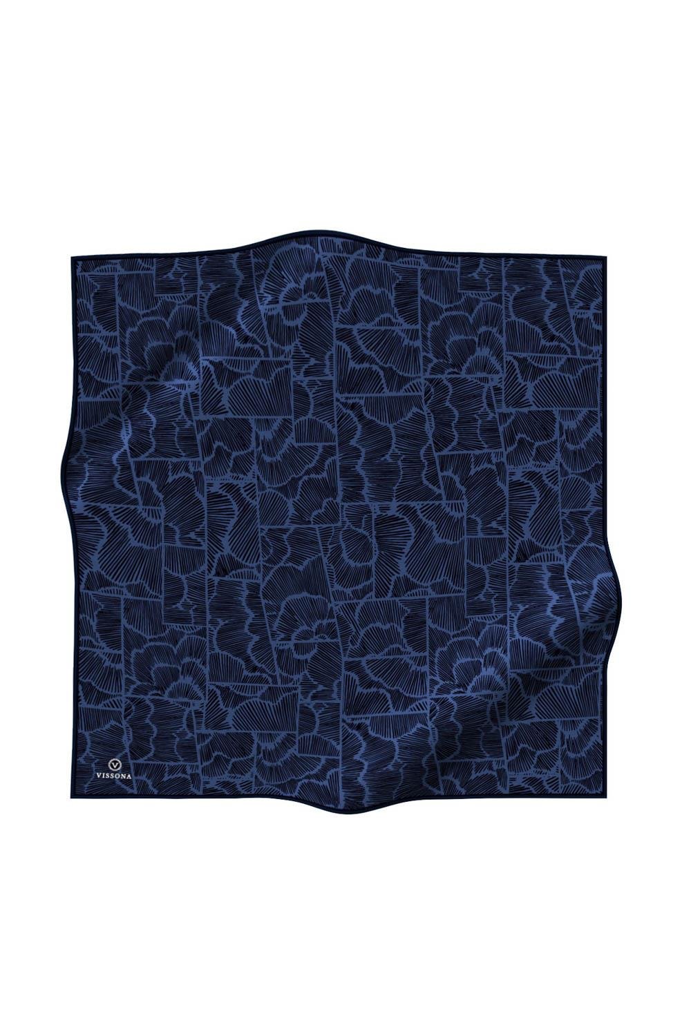 %100 Twill İpek Geometrik Desenli İndigo - Lacivert Renkli 90x90 Eşarp Dikim Şekli : El Dikişi