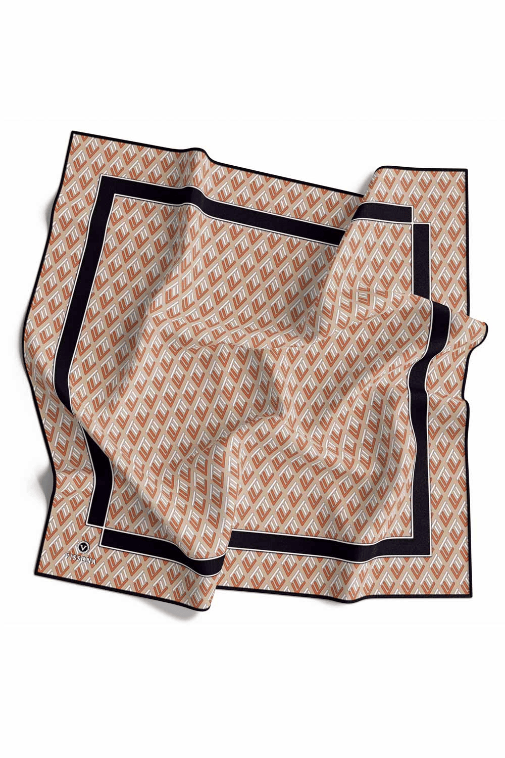 % 57 İPEK % 43 VİSKON Twill İpek Geometrik Desenli Bej - Taba  Renkli 90x90 Eşarp Dikim Şekli : El Dikişi