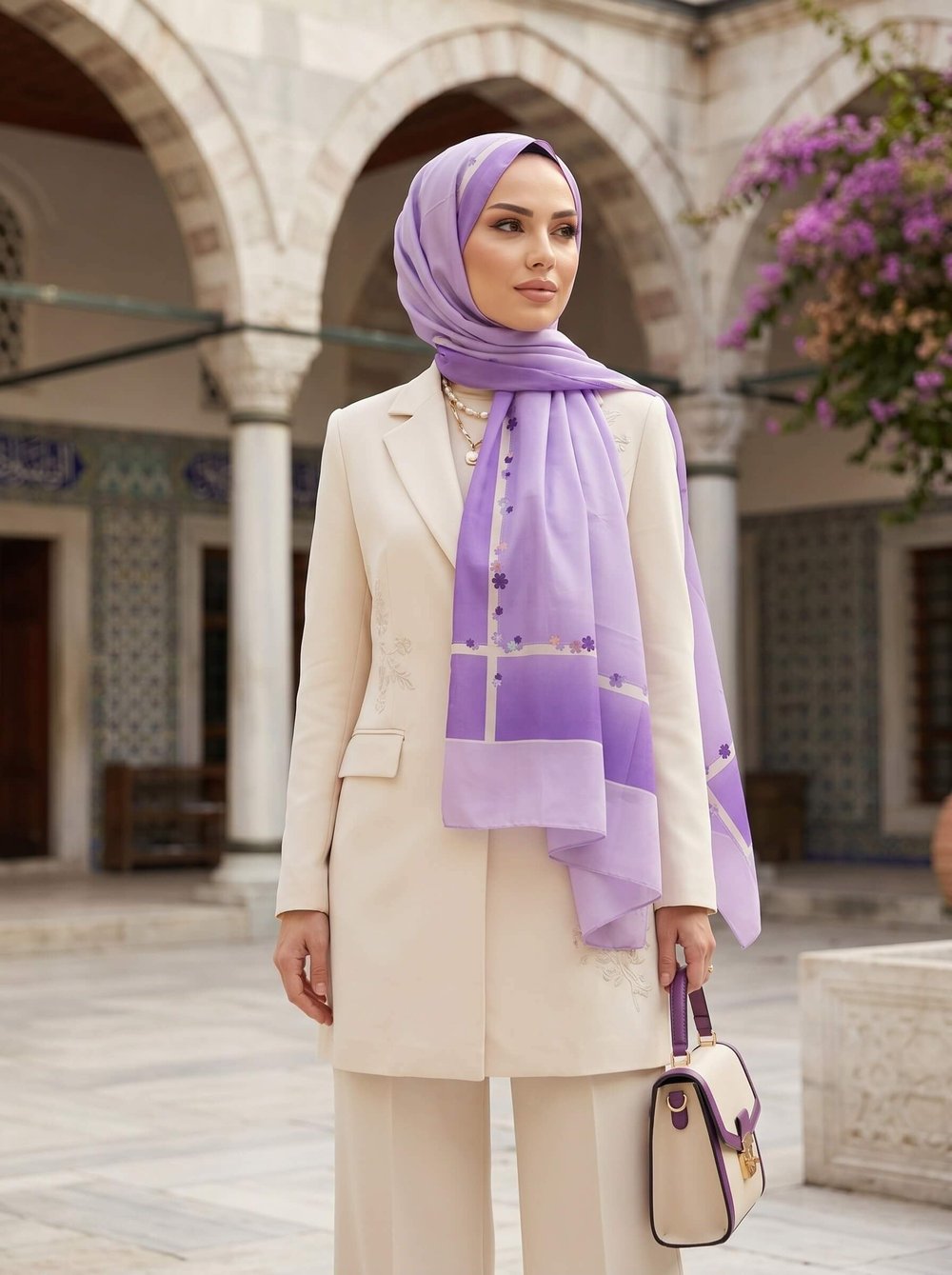 %100 İpek Çiçek Desenli Lila Renkli 92x210 Şal