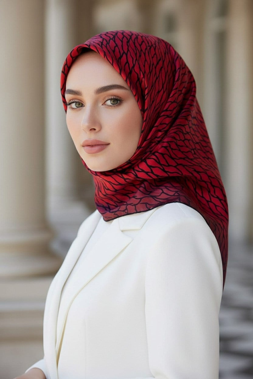 %100 Twill İpek File Desenli Kırmızı - Siyah Renkli 90x90 Eşarp Dikim Şekli : El Dikişi