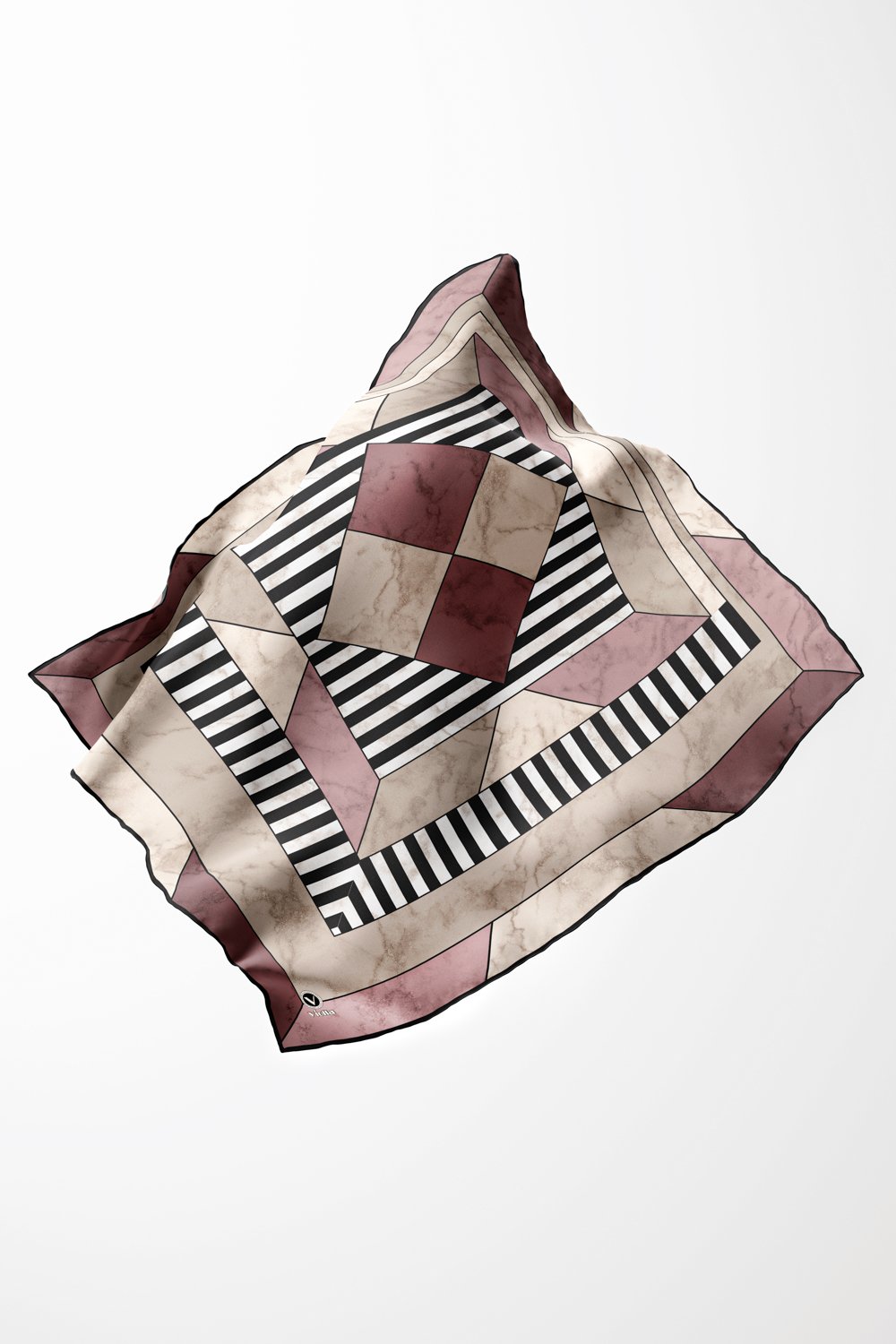 Twill Çizgili Geometrik Mermer Desenli Pudra Renkli 90x90 Eşarp (İpek İçermez) Kenar Dikiş Şekli El Dikişli