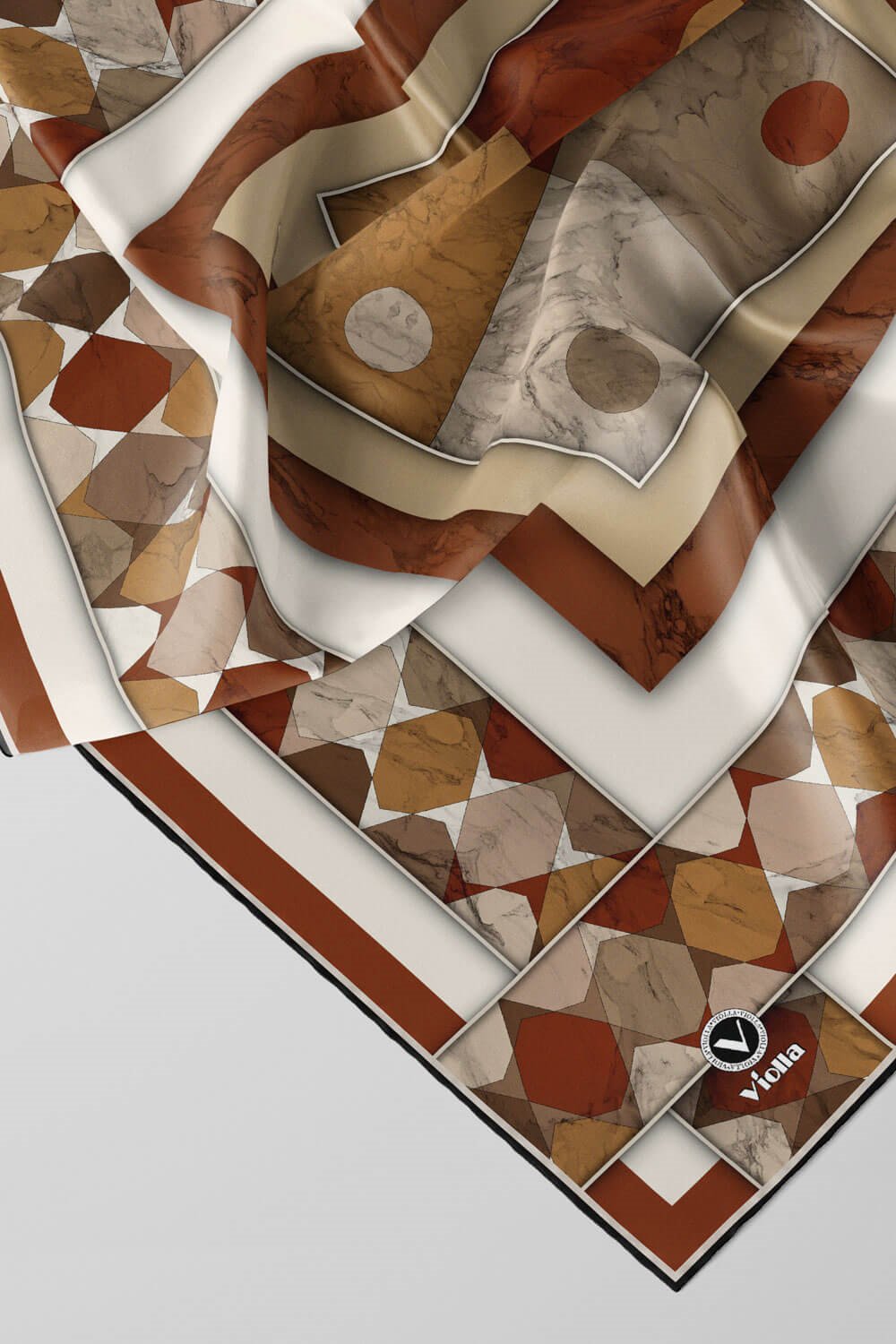 Twill Geometrik Mermer Desenli Taba Renkli 90x90 Eşarp (İpek İçermez) Kenar Dikiş Şekli El Dikişli