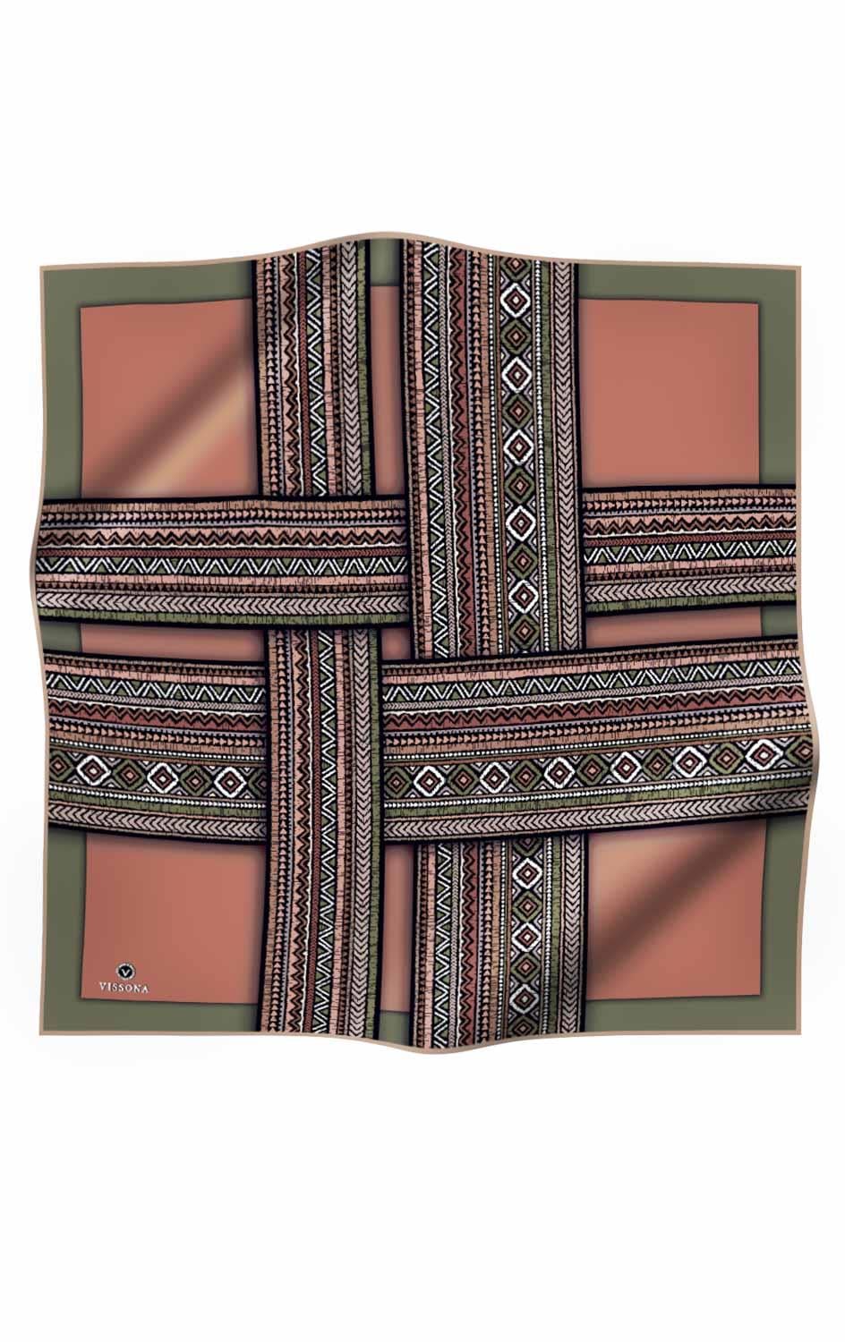 %100 Twill İpek Etnik Desenli Haki - Bakır  Renkli 90x90 Eşarp Dikim Şekli : El Dikişi