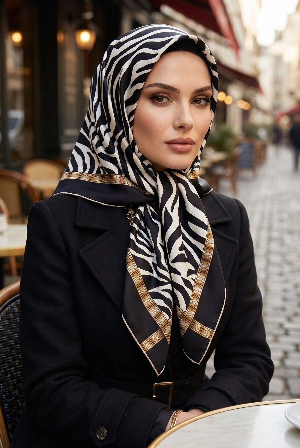 %100 Twill İpek Zebra Desenli Siyah - Beyaz Renkli 90x90 Eşarp Dikim Şekli : El Dikişi