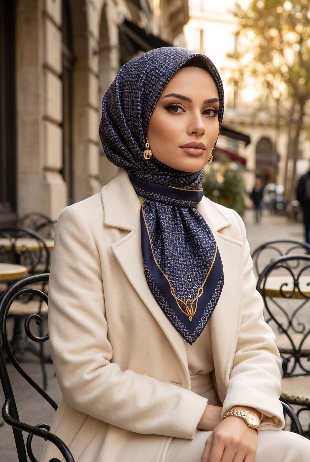 %100 Twill İpek Minik Motif Desenli Lacivert - Lacivert Renkli 90x90 Eşarp Dikim Şekli : El Dikişi