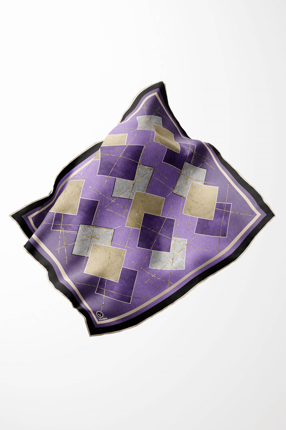 Twill Geometrik Desenli Lila Renkli 90x90 Eşarp (İpek İçermez) Kenar Dikiş Şekli El Dikişli