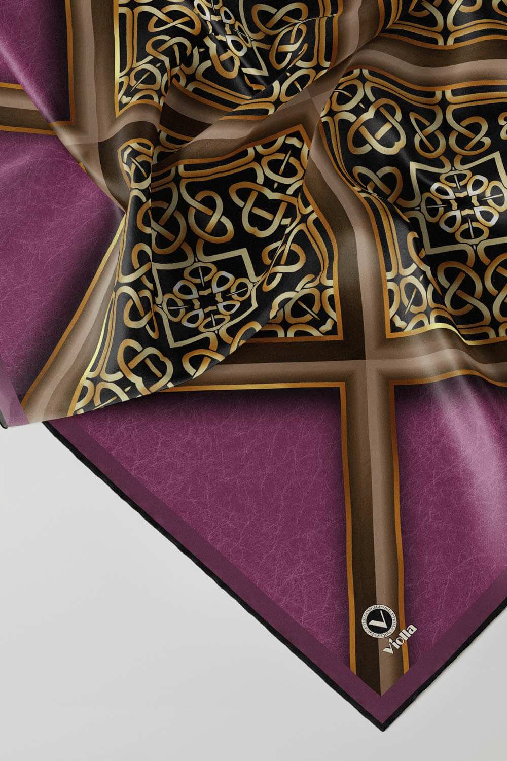 Twill Gold Çerçeveli Barok Desenli Mürdüm Renkli 90x90 Eşarp (İpek İçermez) Kenar Dikiş Şekli El Dikişli