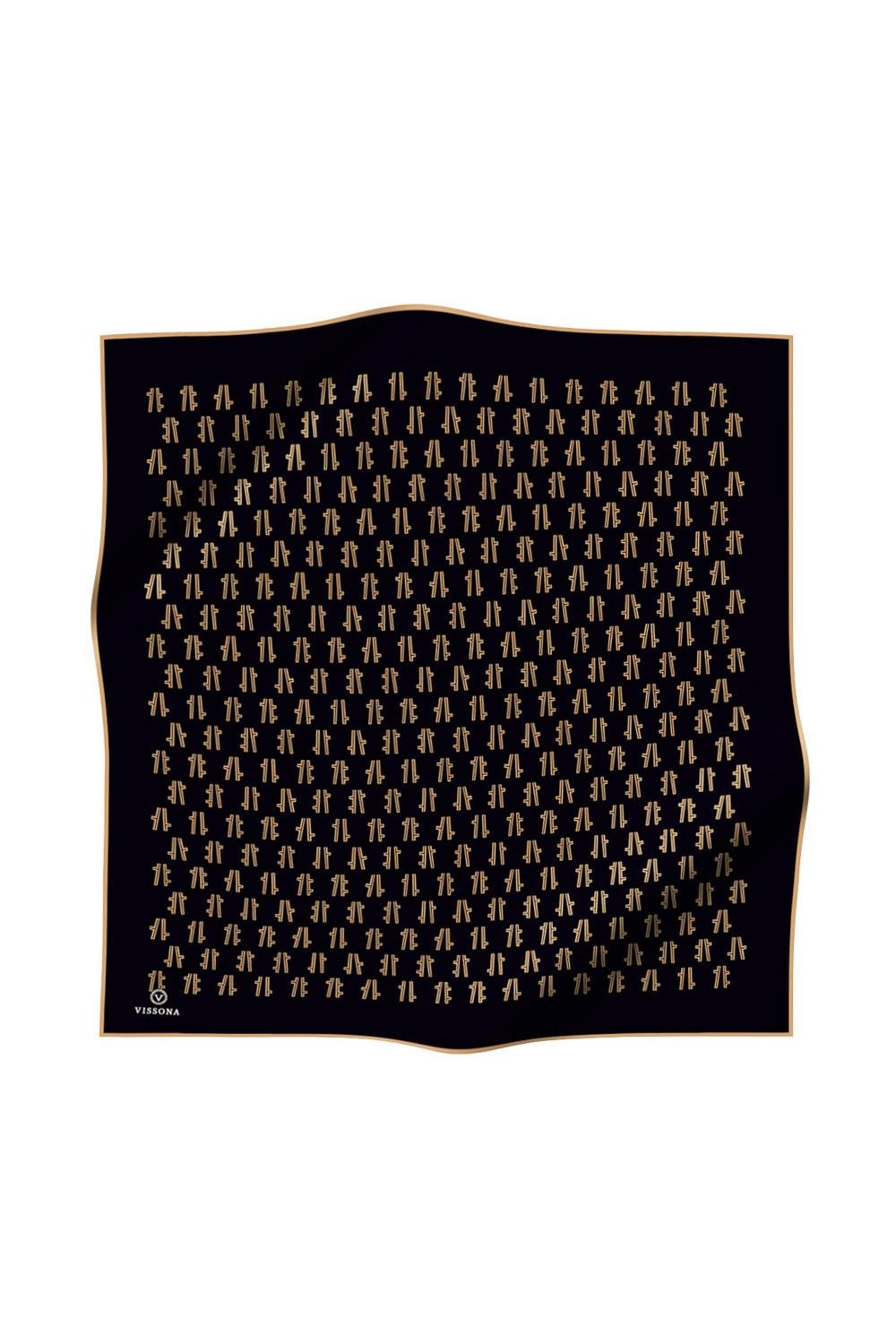 %100 Twill İpek Geometrik Desenli Siyah - Gold Renkli 90x90 Eşarp Dikim Şekli : El Dikişi