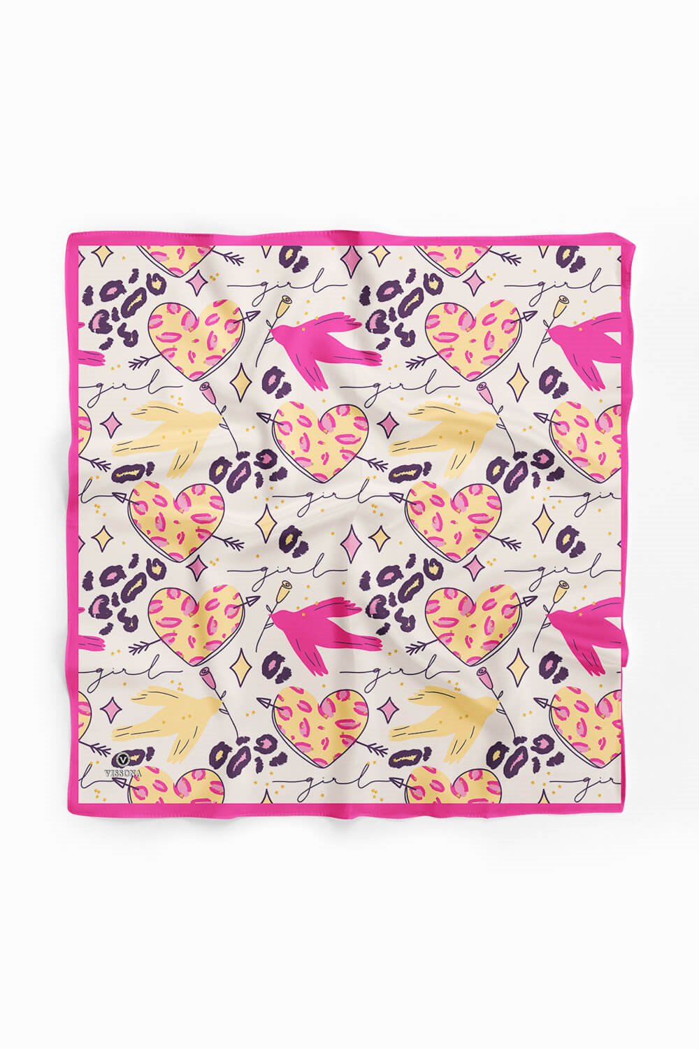 Saten İpek Kalp Desenli Kadın Bandana