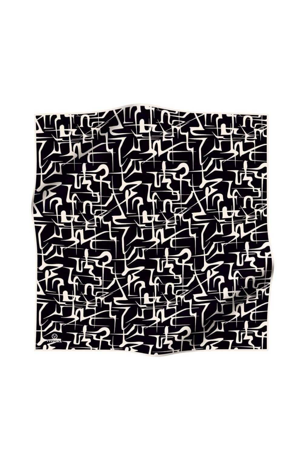 %100 Twill İpek Soyut Geometrik Desenli Siyah - Krem Renkli 90x90 Eşarp Dikim Şekli : El Dikişi