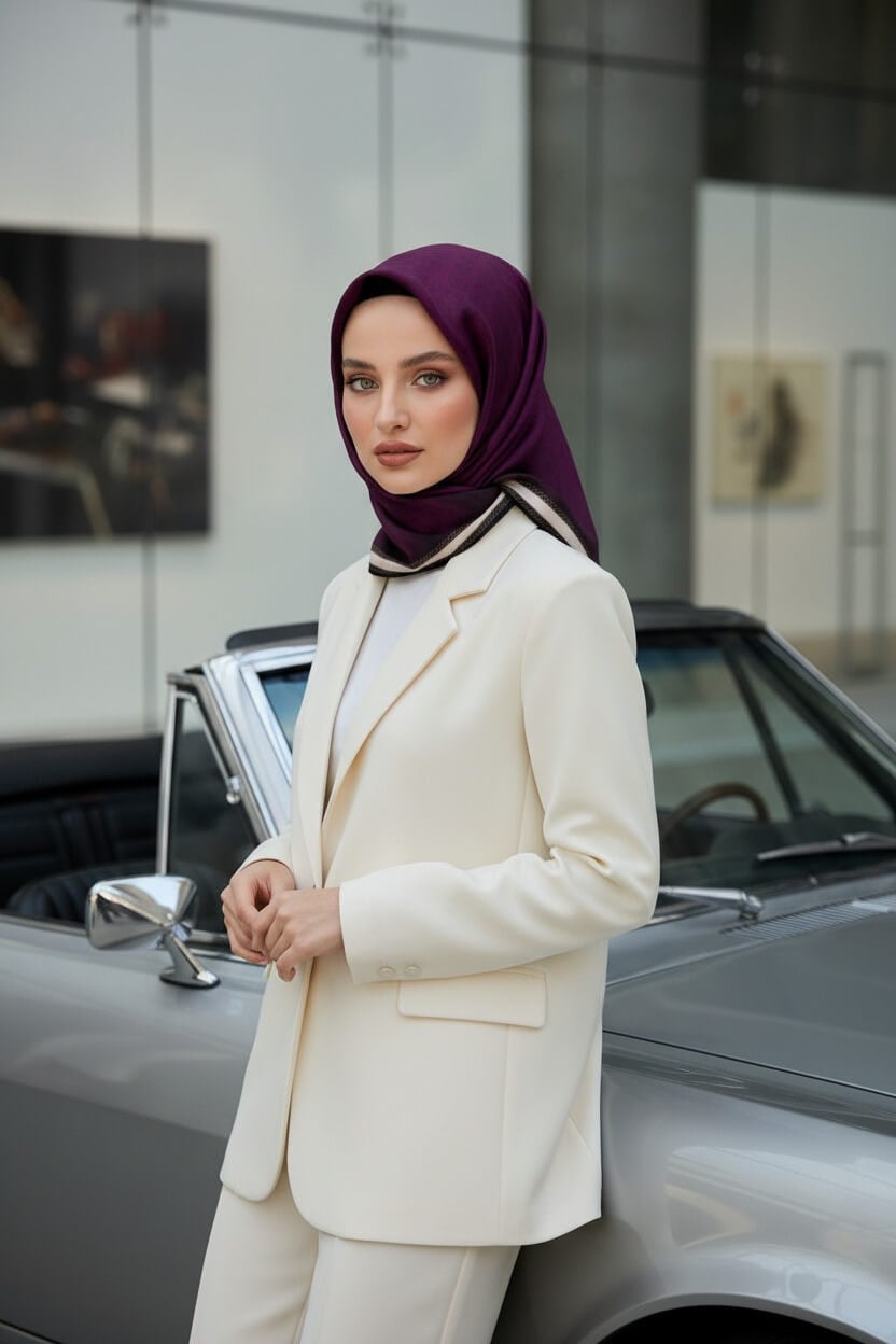 100% Twill İpek Monogram Desenli Mürdüm Renkli 90x90 Dikim Şekli : El Dikişi Eşarp