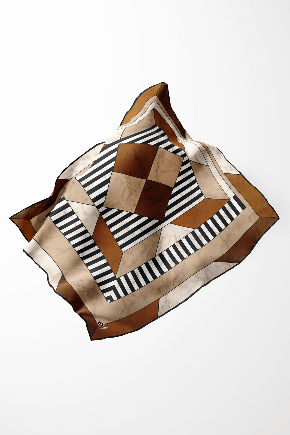 Twill Çizgili Geometrik Mermer Desenli Taba Renkli 90x90 Eşarp (İpek İçermez) Kenar Dikiş Şekli El Dikişli