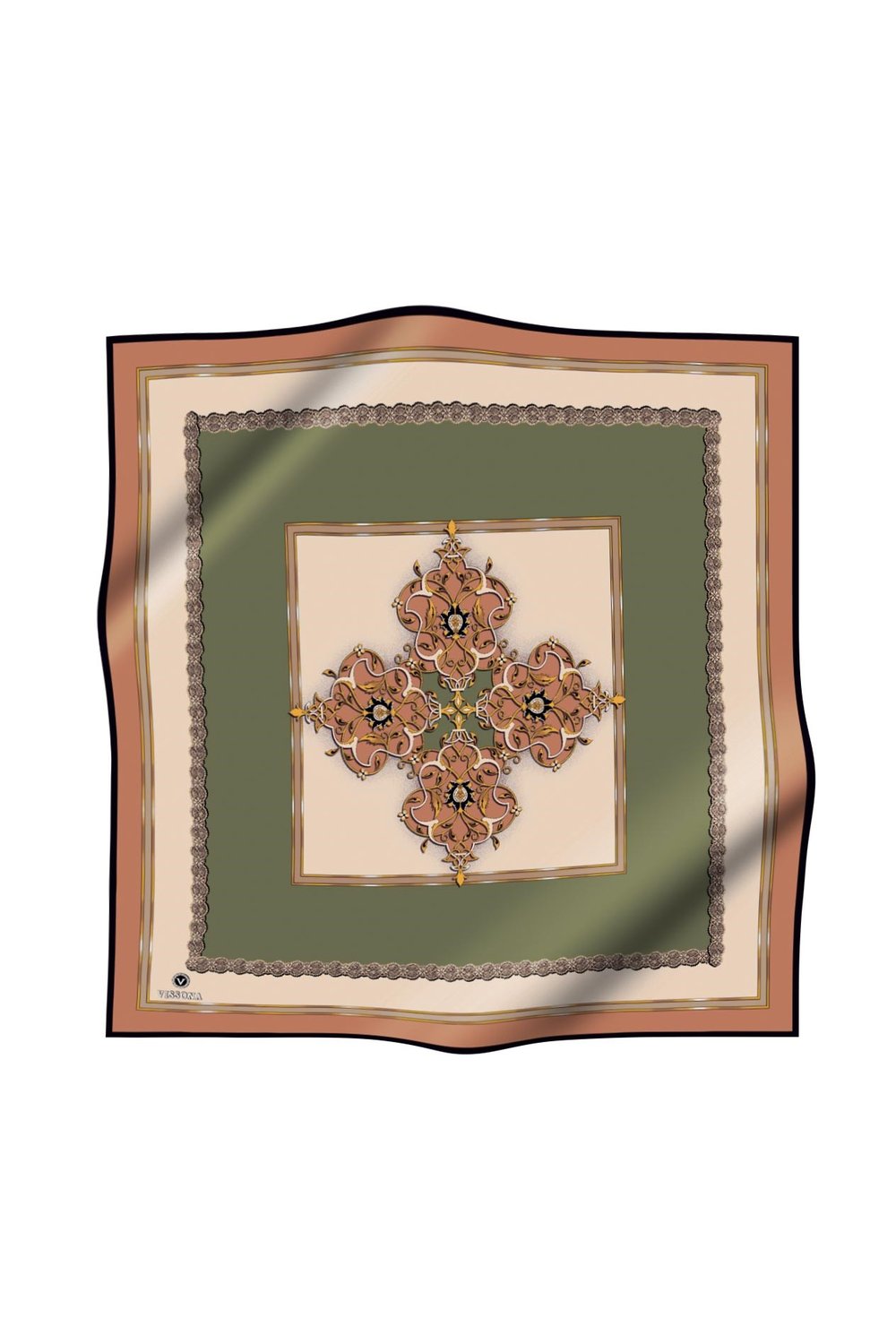 % 57 İPEK % 43 VİSKON Twill İpek Barok Desenli Bakır - Haki Renkli 90x90 Eşarp Dikim Şekli : El Dikişi