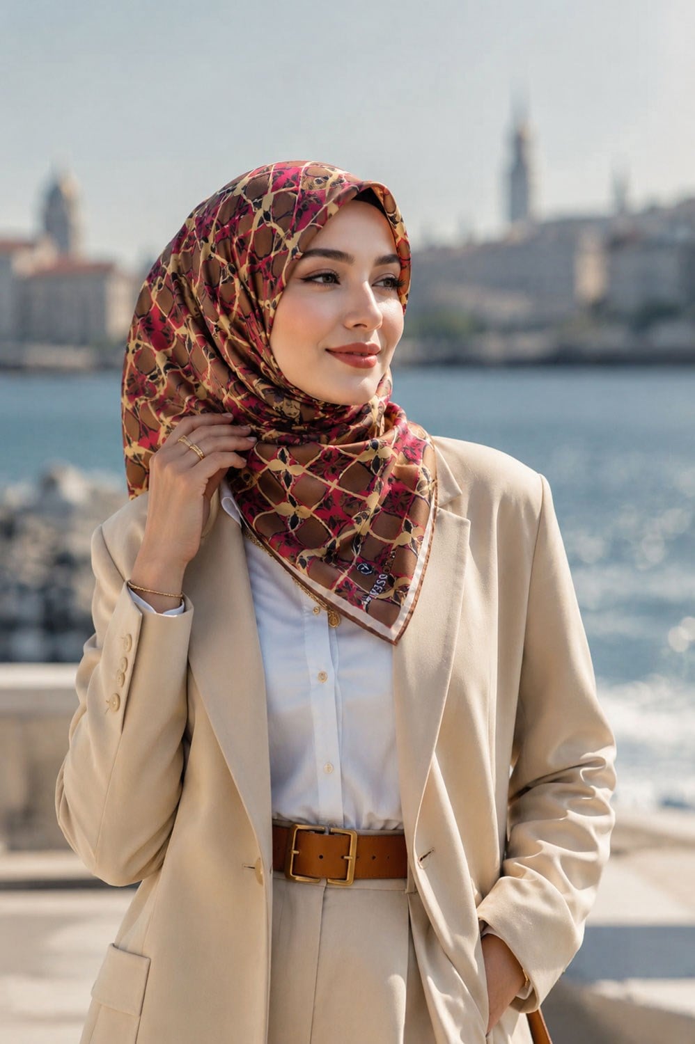 %100 Twill İpek Geometrik Desenli Kahverengi - Kırmızı Renkli 90x90 Eşarp Dikim Şekli : El Dikişi