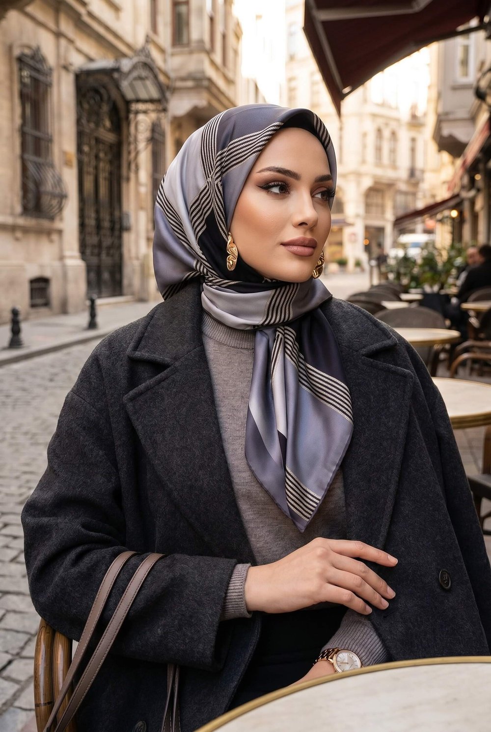 %100 Twill İpek Geometrik Desenli Gri Renkli 90x90 Eşarp Dikim Şekli : El Dikişi