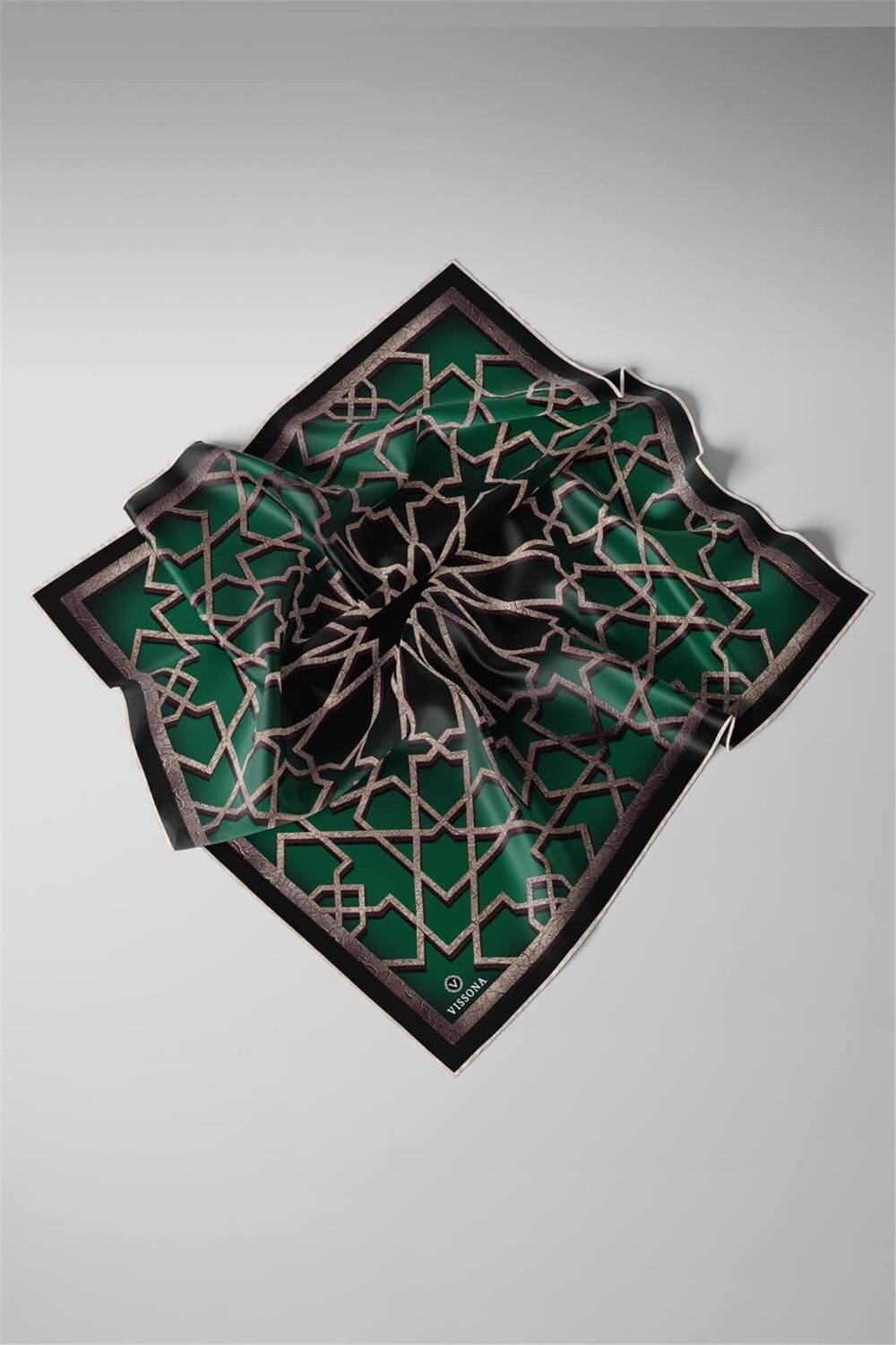 %100 Twill Türk Motifi  Desenli Zümrüt Yeşili Renkli 90x90 Eşarp Dikim Şekli: El Dikişi