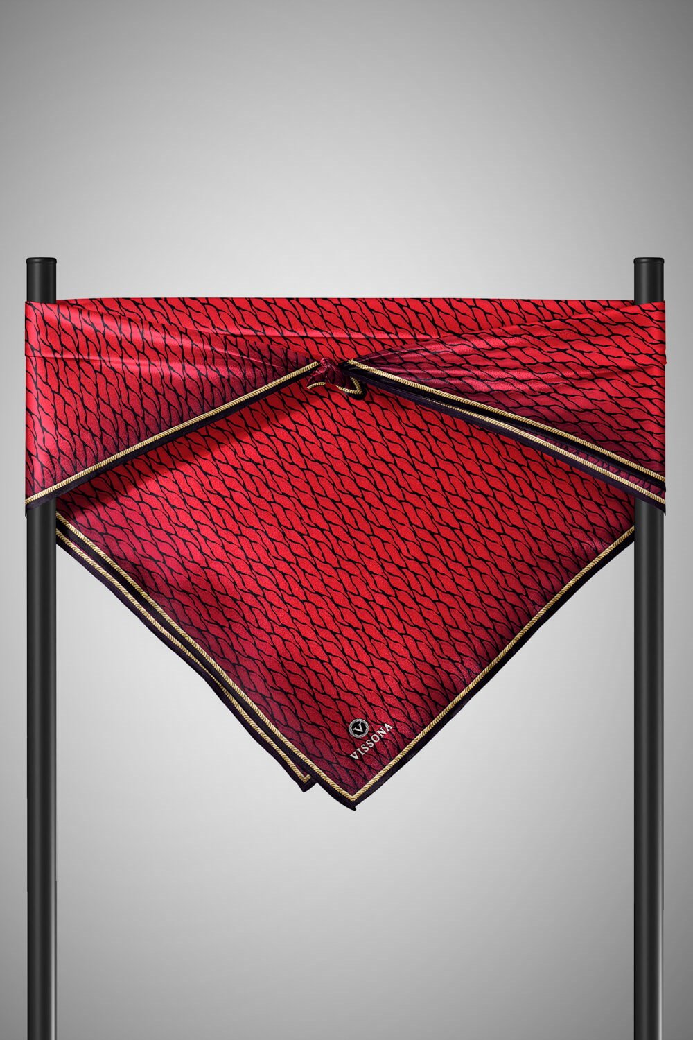 %100 Twill İpek File Desenli Kırmızı - Siyah Renkli 90x90 Eşarp Dikim Şekli : El Dikişi