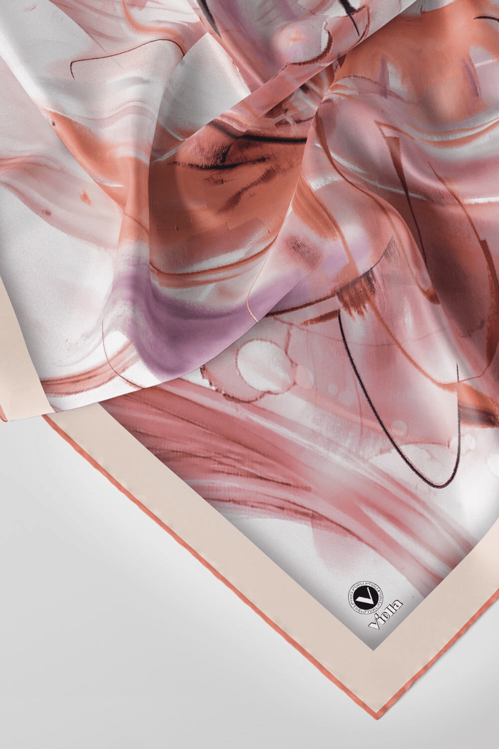 Twill Çiçek Tablo Desenli Somon Renkli 90x90 Eşarp (İpek İçermez) Kenar Dikiş Şekli El Dikişli