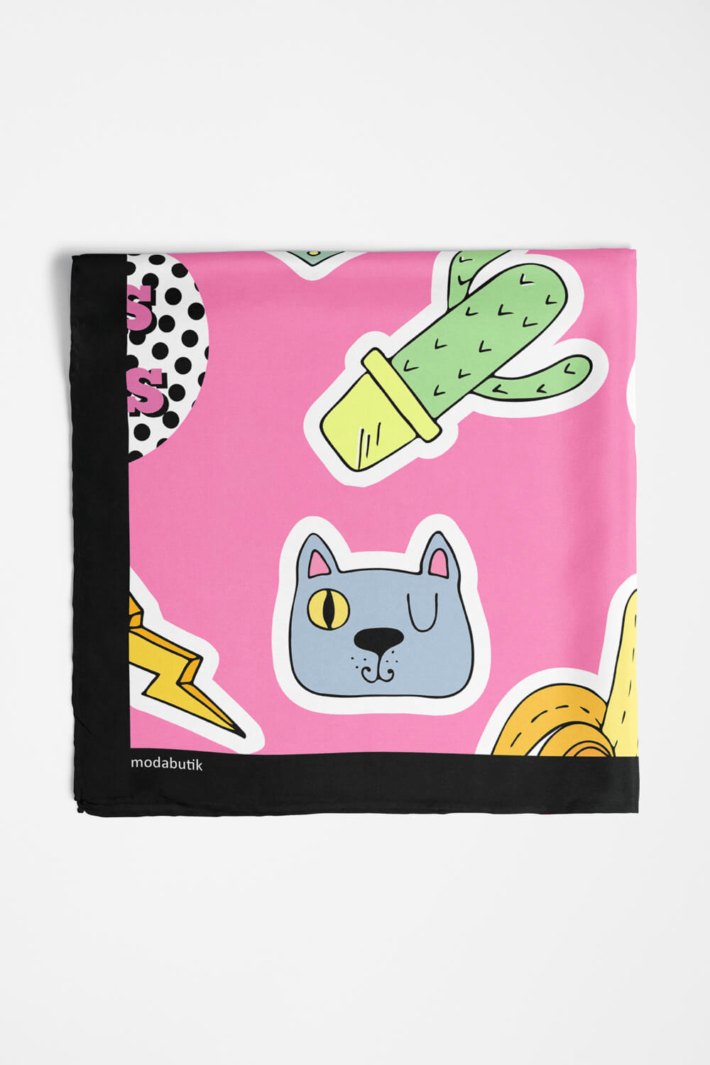 B75 Kadın Seda Desenli Bandana 50x50 Pembe DG0361-22 Snz