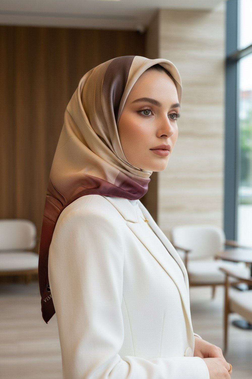 %100 Twill İpek Duman Desenli Bej - Şarabi Renkli 90x90 Eşarp Dikim Şekli : El Dikişi