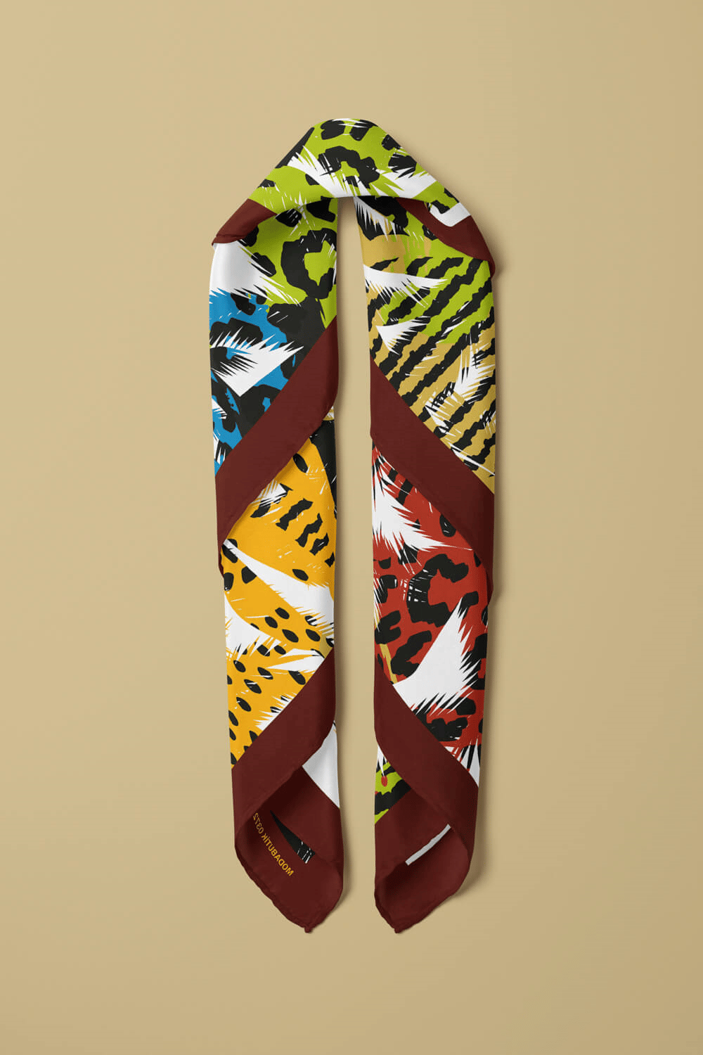 C114 Kadın Egzotik Desenli Bandana 50x50 Yeşil Sarı DG0372-22