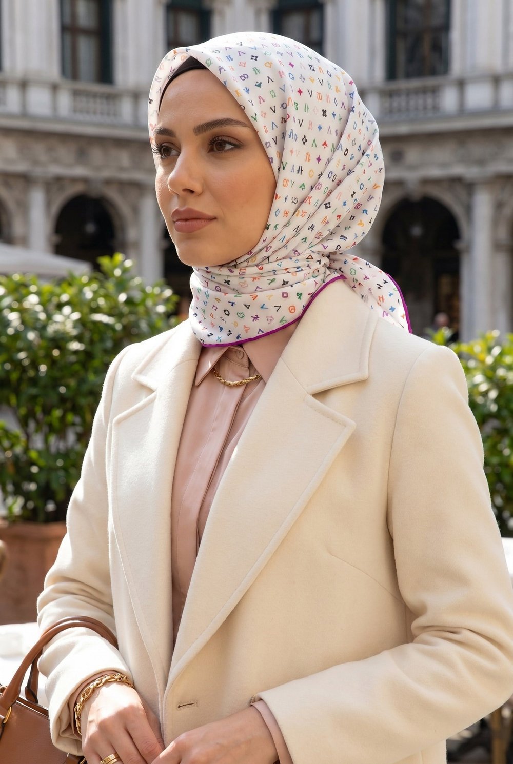 %100 Twill İpek Çıtır Motif Desenli Krem - Fuşya Renkli 90x90 Eşarp Dikim Şekli : El Dikişi
