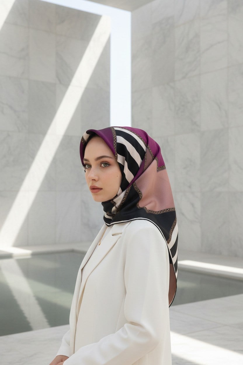 %100 Twill İpek Geometrik Desenli Mürdüm - Somon Renkli 90x90 Eşarp Dikim Şekli : El Dikişi